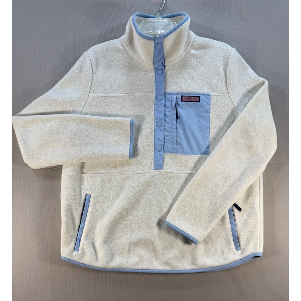 Vineyard Vines Fleece Shep Shirt Pullover Cream Blue Snap Neck Large 2K002072